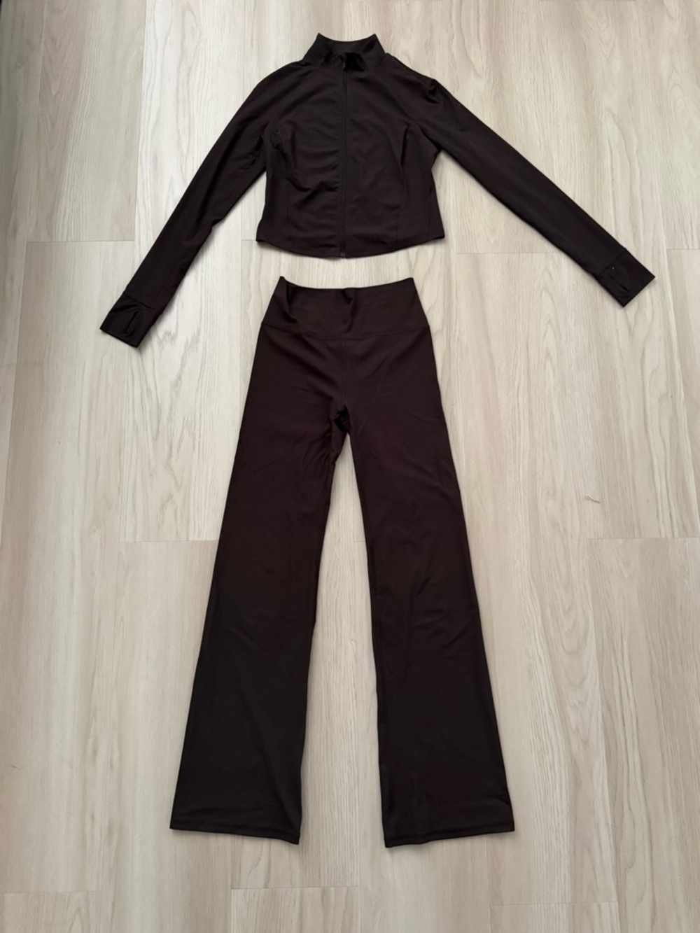 Women’s Brown High-Waist Ribbed Flare Pants and jacket